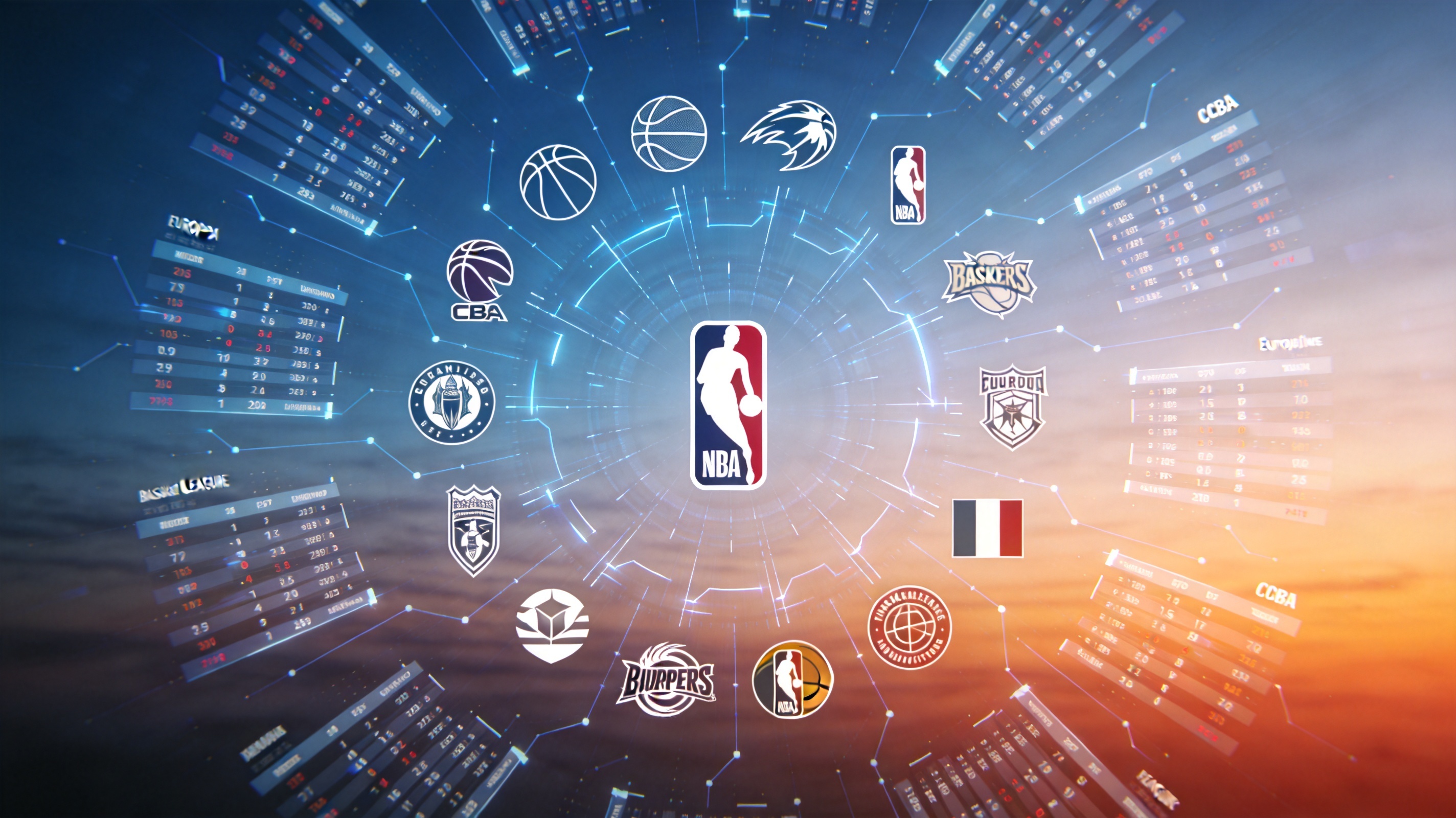 篮球赛事覆盖示意，展示NBA、CBA、欧洲联赛等联赛筛选列表